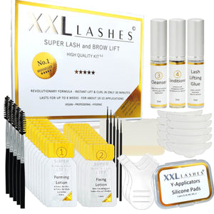XXL Lashes Super Lash & Brow Lift kit with lotion sachets, glue, cleanser, conditioner, silicone pads and brushes